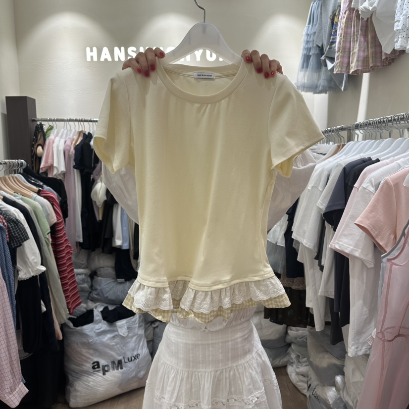 HANSUNGHYUN東大門實拍韓國女士新品26夏季熱賣T恤棉質蕾絲HANSUNGHYUNT恤圖色1