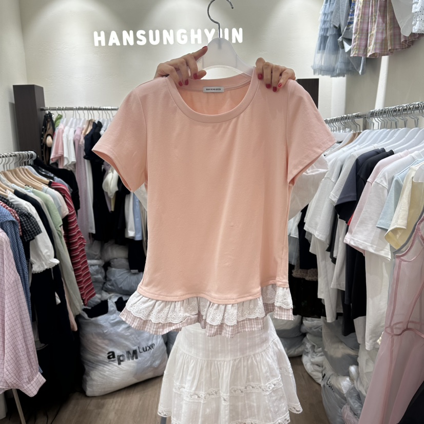 HANSUNGHYUN東大門實拍韓國女士新品26夏季熱賣T恤棉質蕾絲HANSUNGHYUNT恤圖色2