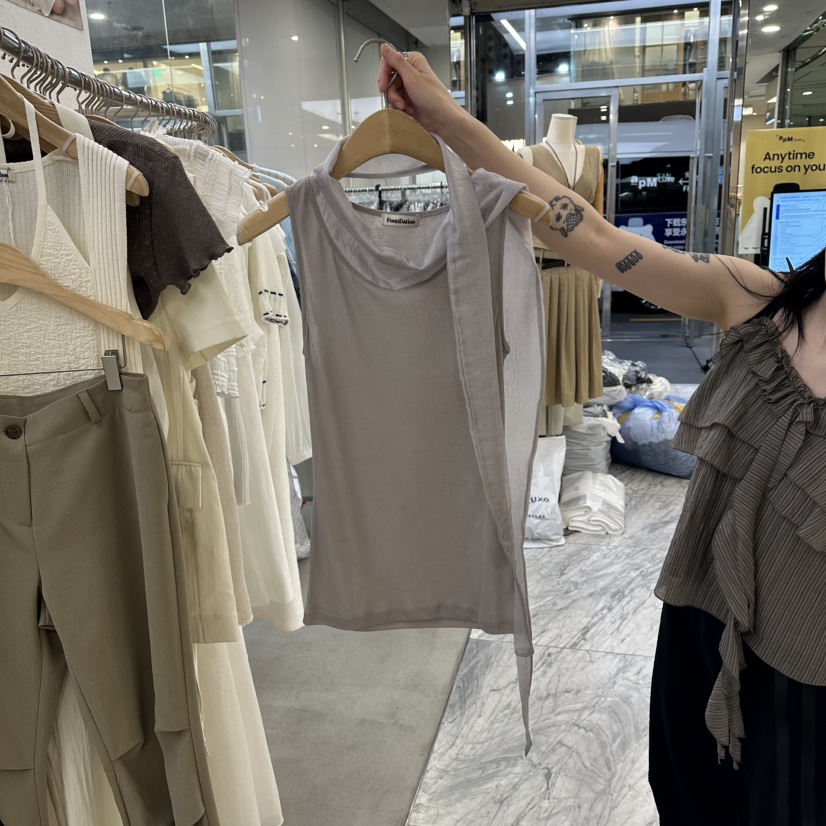 FOUNDATION韓國直郵實拍女士新品吊帶背心含圍巾系帶撞色無袖FOUNDATION吊帶/背心圖色3