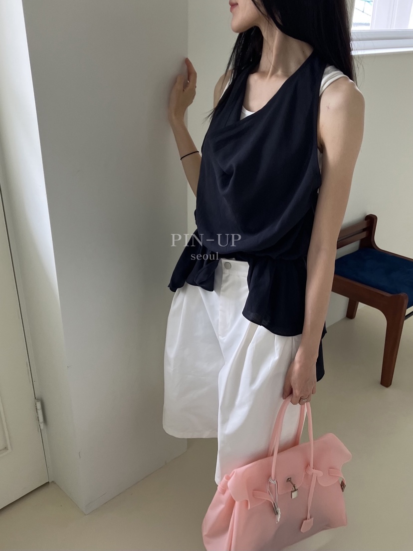 PIN-UP東大門實拍韓國女裝新款休閑熱賣吊帶背心荷葉邊露背PIN-UP吊帶/背心