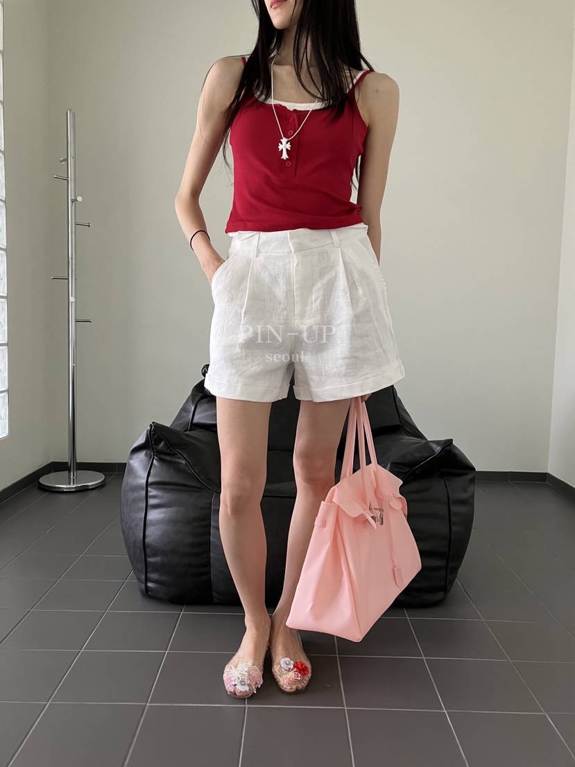 PIN-UP東大門實拍韓國女裝新品人氣時尚短褲不含腰帶亞麻PIN-UP短褲