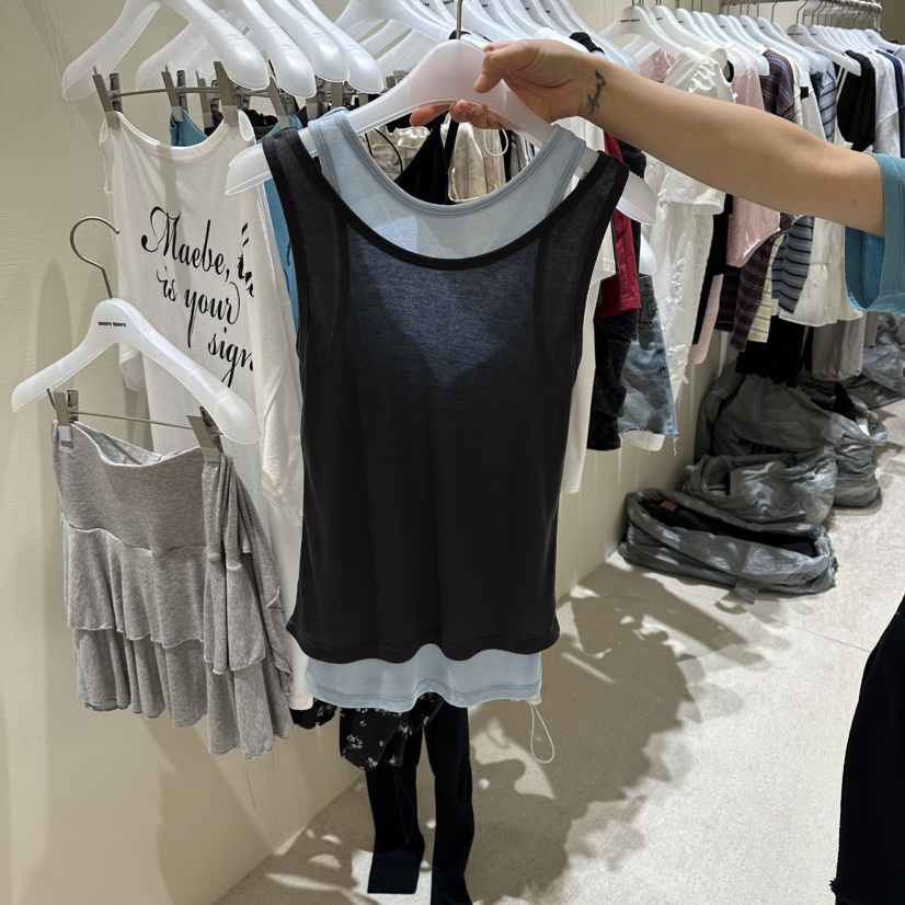 MOREMORE韓國東大門直郵女裝新品休閑吊帶背心假兩件無袖more more吊帶/背心