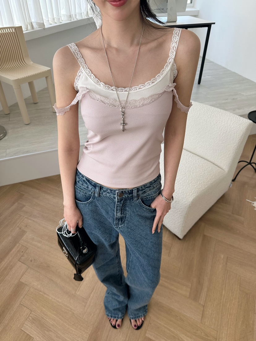 MARKE-P韓國代購女裝新款26夏季吊帶背心撞色蕾絲雙層無袖MARKE-P吊帶/背心