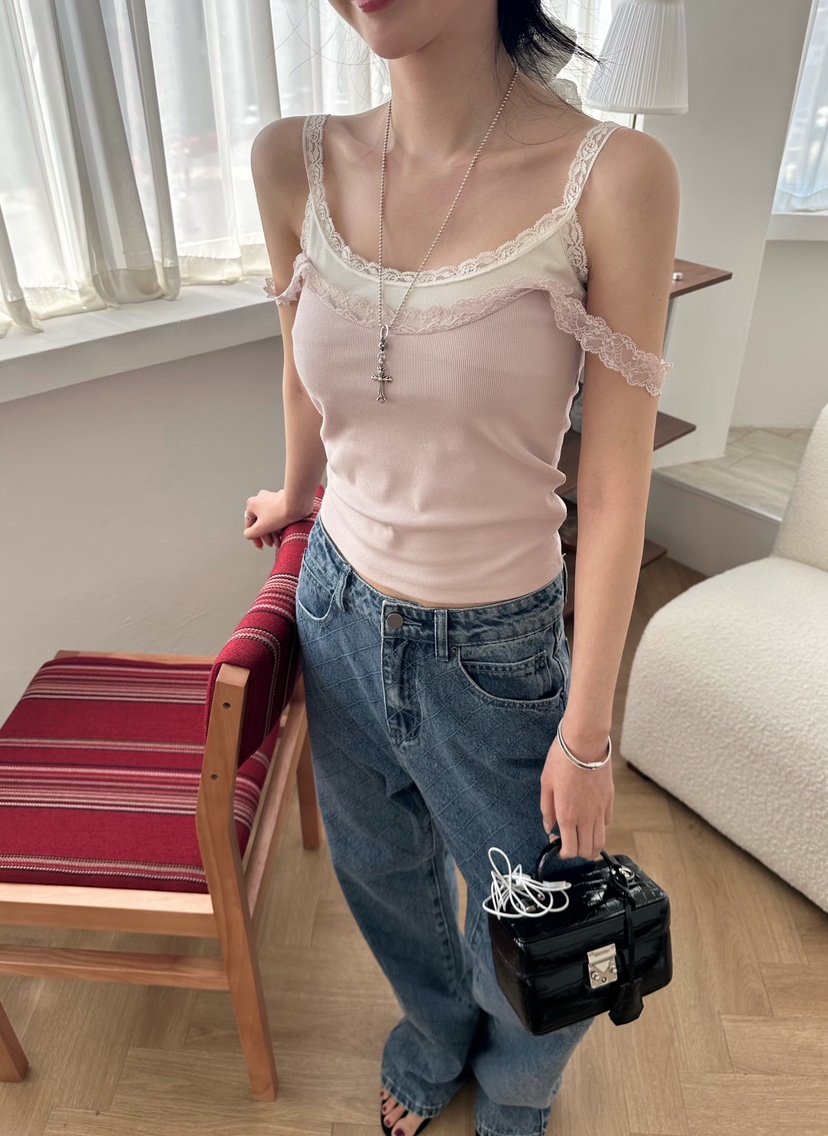 MARKE-P韓國代購女裝新款26夏季吊帶背心撞色蕾絲雙層無袖MARKE-P吊帶/背心