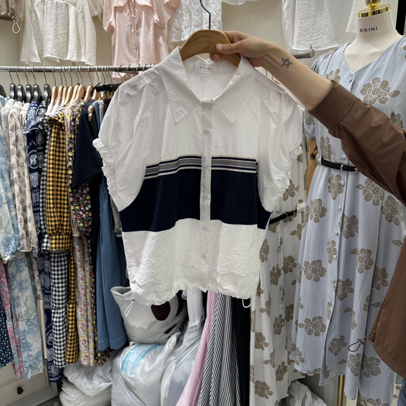 BIKINI韓國代購女士新款熱賣休閑26夏季時尚襯衫蕾絲衫條紋BIKINI襯衫/蕾絲衫圖色2