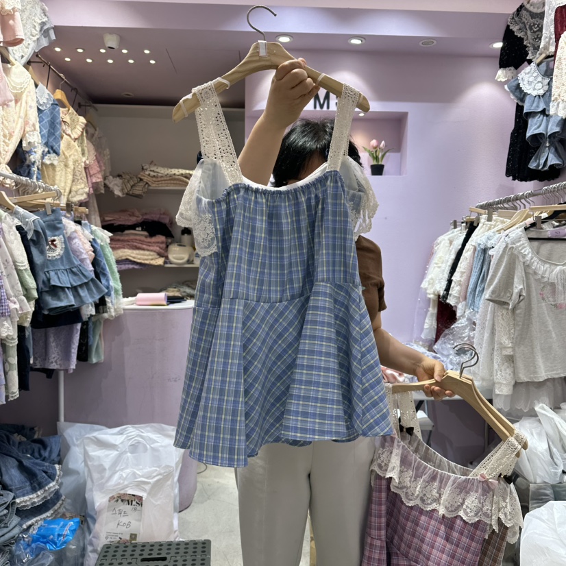 MS東大門實拍韓國女士新款26夏季休閑時尚吊帶背心格子無袖MS吊帶/背心