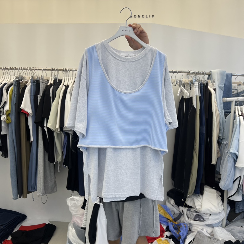 NON CLIP韓國東大門代購女士新品26夏季T恤假兩件雙層無袖NON CLIPT恤圖色1