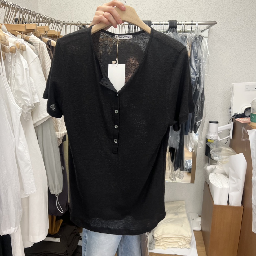 ROMANTICIZE韓國東大門代購女裝新品26夏季時尚T恤亞麻紐扣ROMANTICIZET恤圖色1