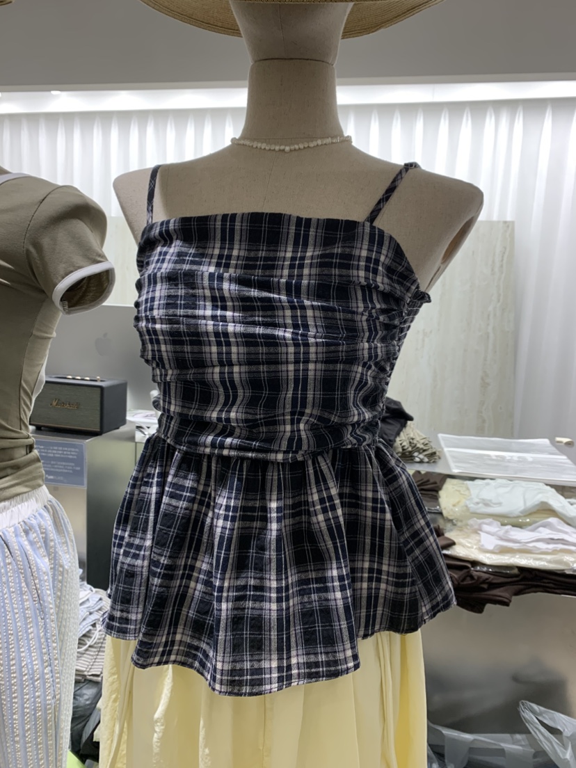 EYEL東大門實拍韓國女士新款人氣休閑時尚吊帶背心格子無袖EYEL吊帶/背心圖色1