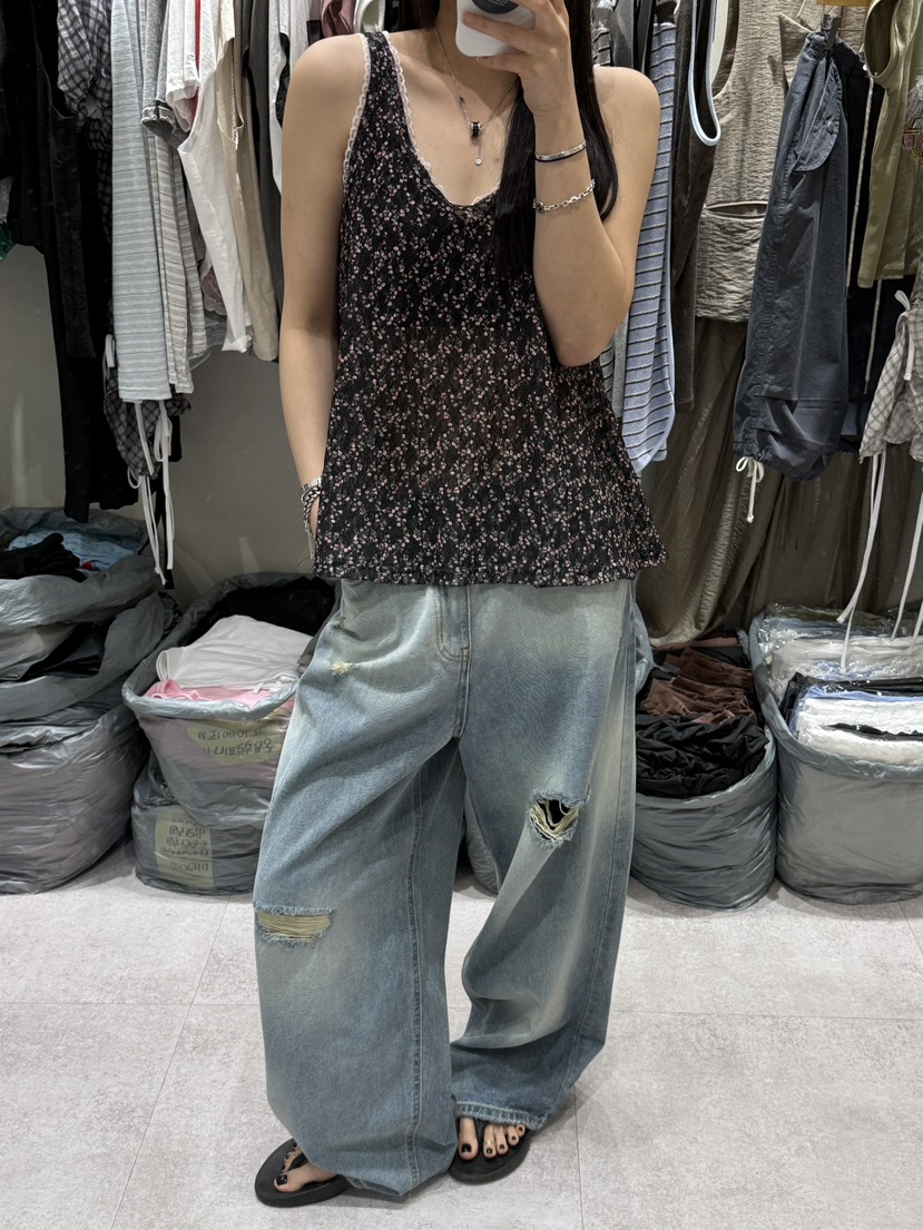 SHIRRING韓國直郵實拍女裝新品推薦吊帶背心花朵蕾絲無袖SHIRRING吊帶/背心