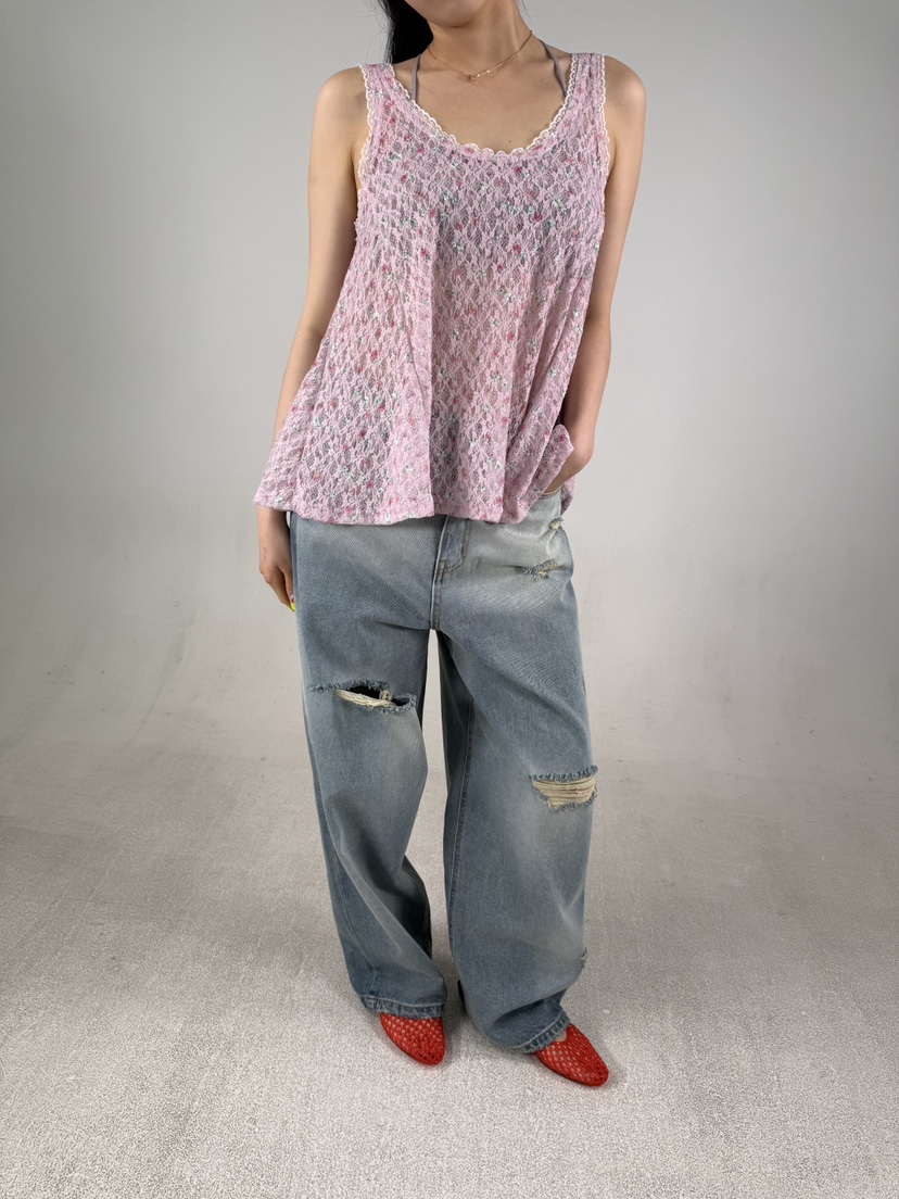 SHIRRING韓國直郵實拍女裝新品推薦吊帶背心花朵蕾絲無袖SHIRRING吊帶/背心
