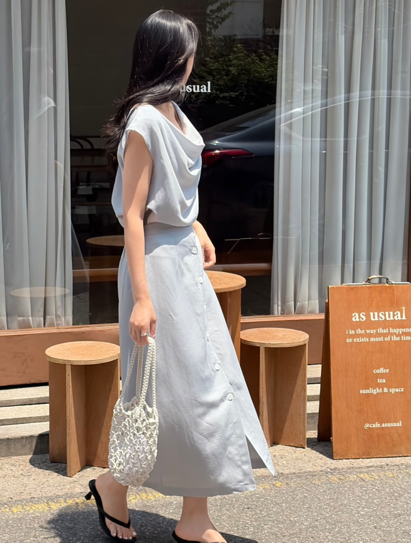 N BROWN韓國東大門代購女裝新品休閑熱賣長裙亞麻紐扣長款N BROWN長裙