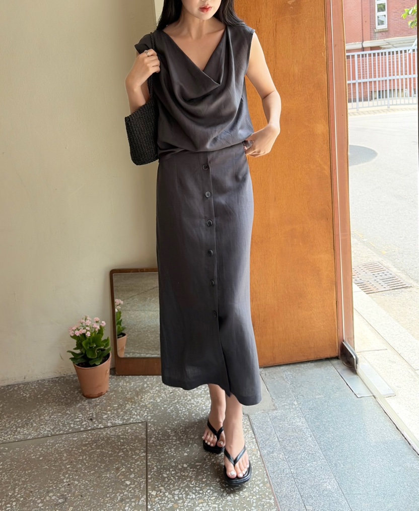 N BROWN韓國東大門代購女裝新品休閑熱賣長裙亞麻紐扣長款N BROWN長裙