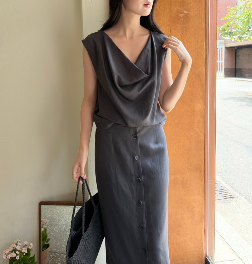 N BROWN韓國東大門代購女裝新品休閑熱賣長裙亞麻紐扣長款N BROWN長裙
