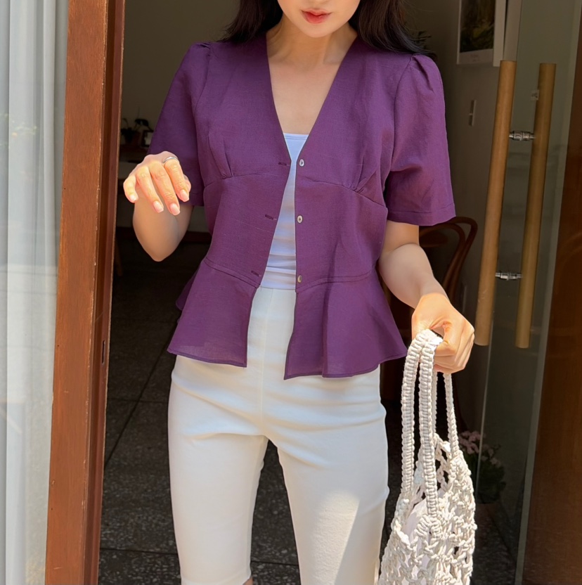 N BROWN韓國直郵實拍女士新品休閑人氣襯衫蕾絲衫V領亞麻N BROWN襯衫/蕾絲衫