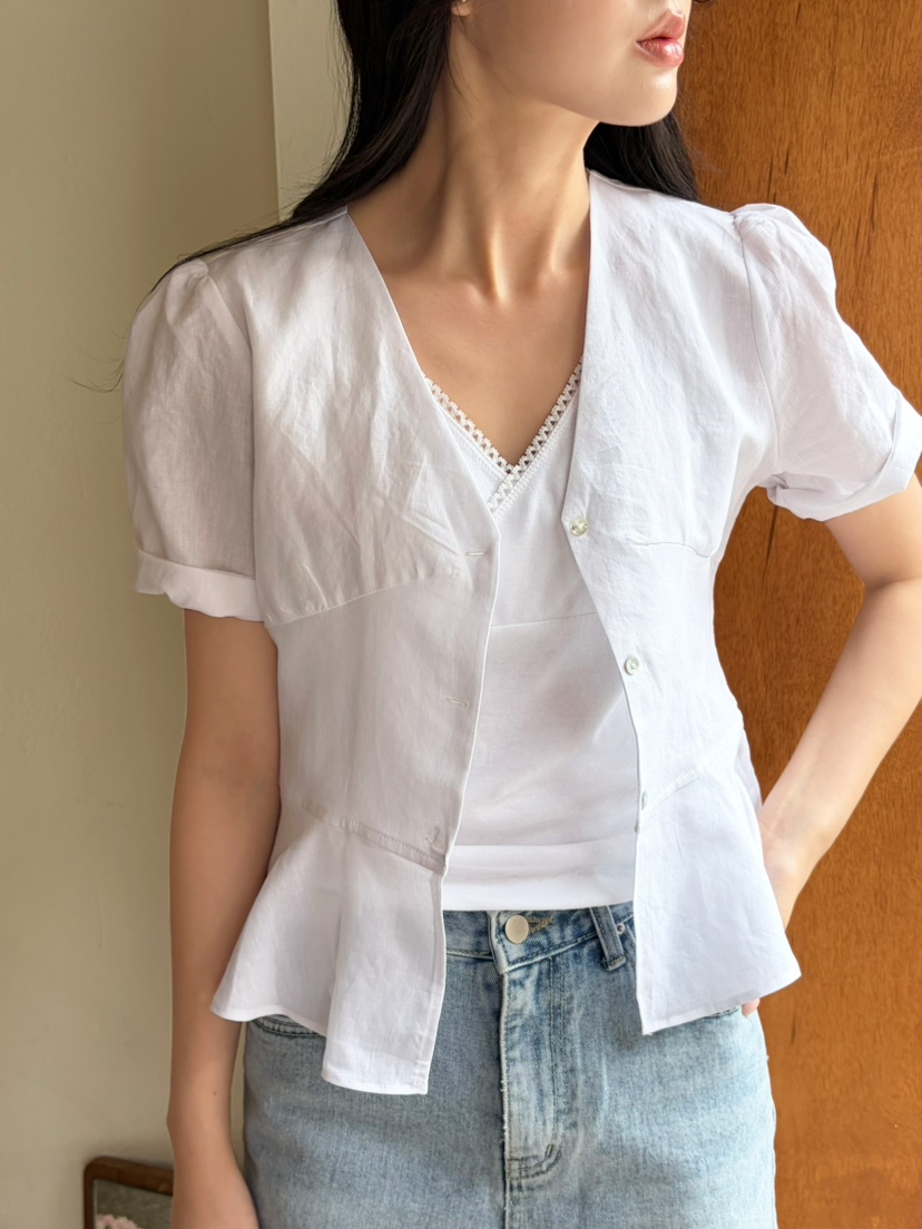 N BROWN韓國直郵實拍女士新品休閑人氣襯衫蕾絲衫V領亞麻N BROWN襯衫/蕾絲衫