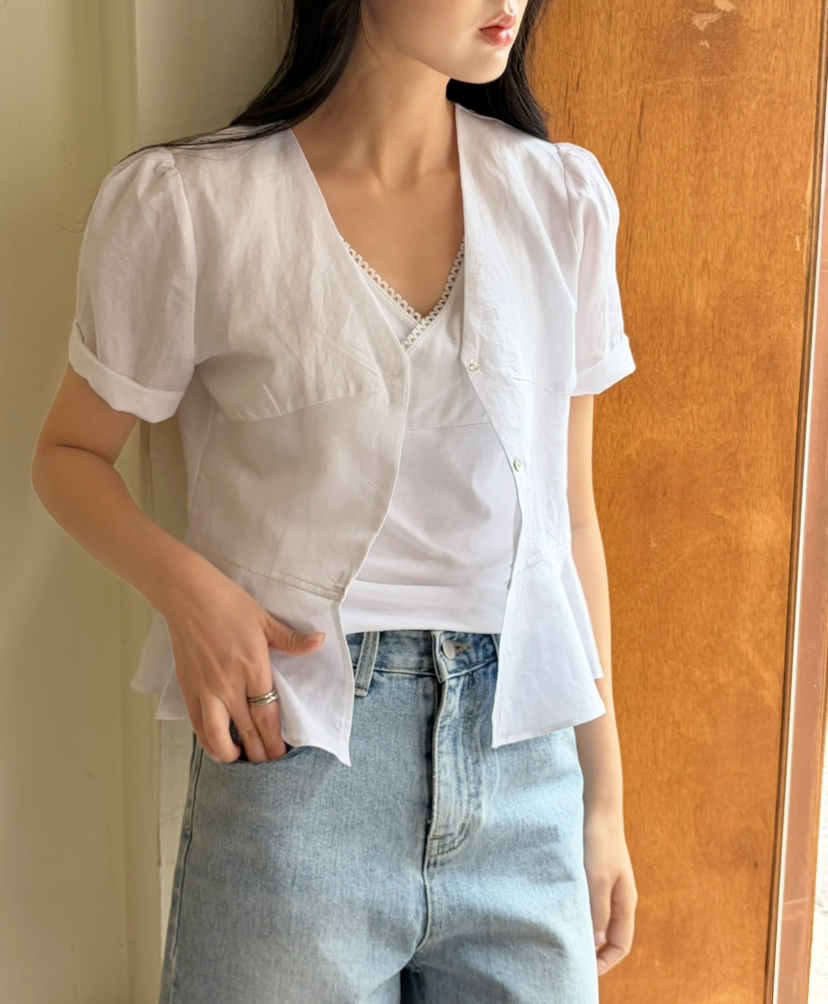 N BROWN韓國直郵實拍女士新品休閑人氣襯衫蕾絲衫V領亞麻N BROWN襯衫/蕾絲衫