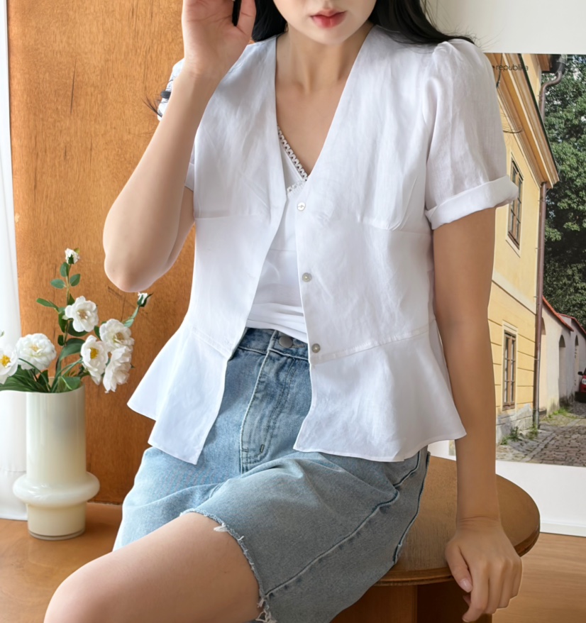 N BROWN韓國直郵實拍女士新品休閑人氣襯衫蕾絲衫V領亞麻N BROWN襯衫/蕾絲衫
