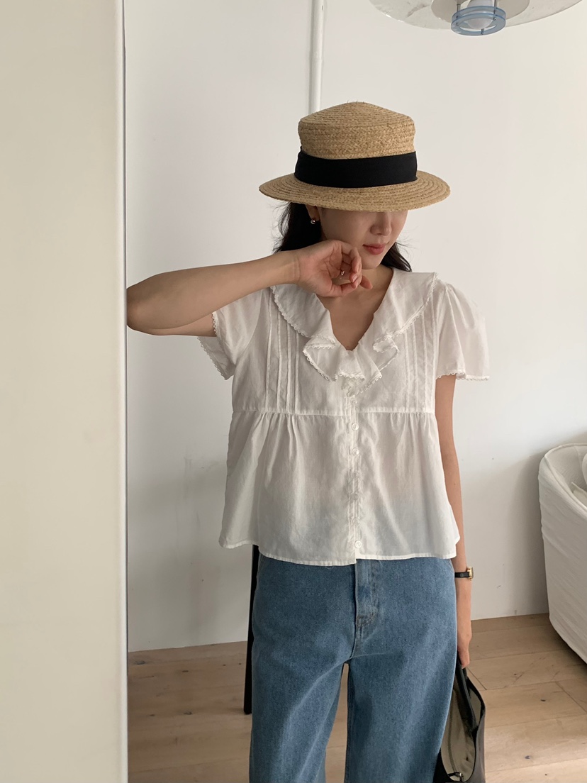 BLEECKER東大門實拍韓國女士新款休閑熱賣襯衫蕾絲衫褶裥BLEECKER襯衫/蕾絲衫