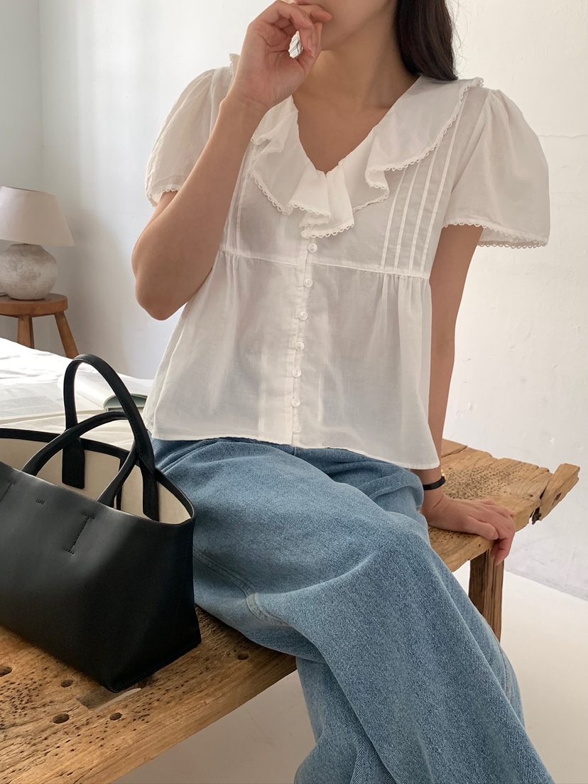 BLEECKER東大門實拍韓國女士新款休閑熱賣襯衫蕾絲衫褶裥BLEECKER襯衫/蕾絲衫