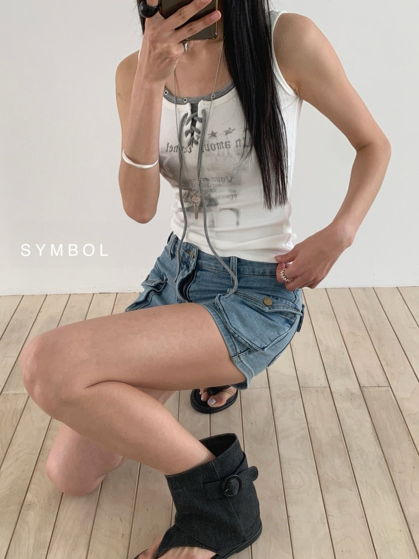 SYMBOL韓國直郵實拍女士新款時尚熱賣人氣休閑吊帶背心孔眼SYMBOL吊帶/背心