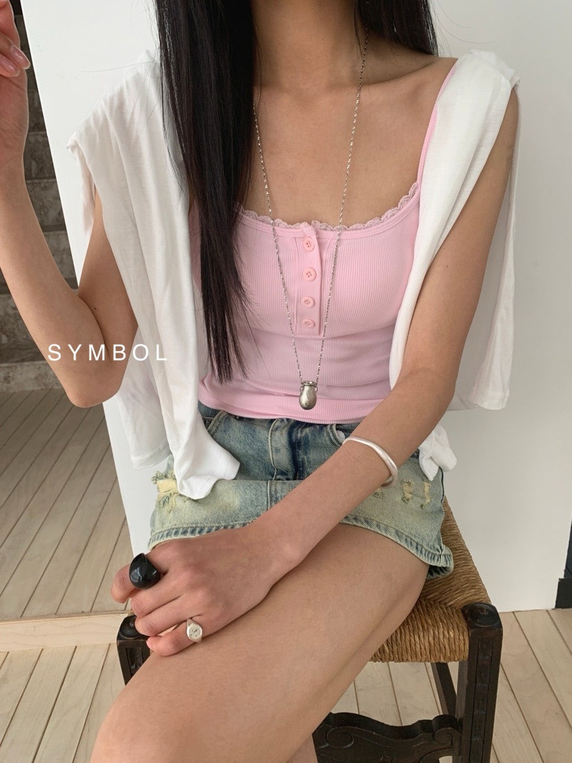 SYMBOL韓國東大門代購女裝新品時尚26夏季吊帶背心蕾絲紐扣SYMBOL吊帶/背心
