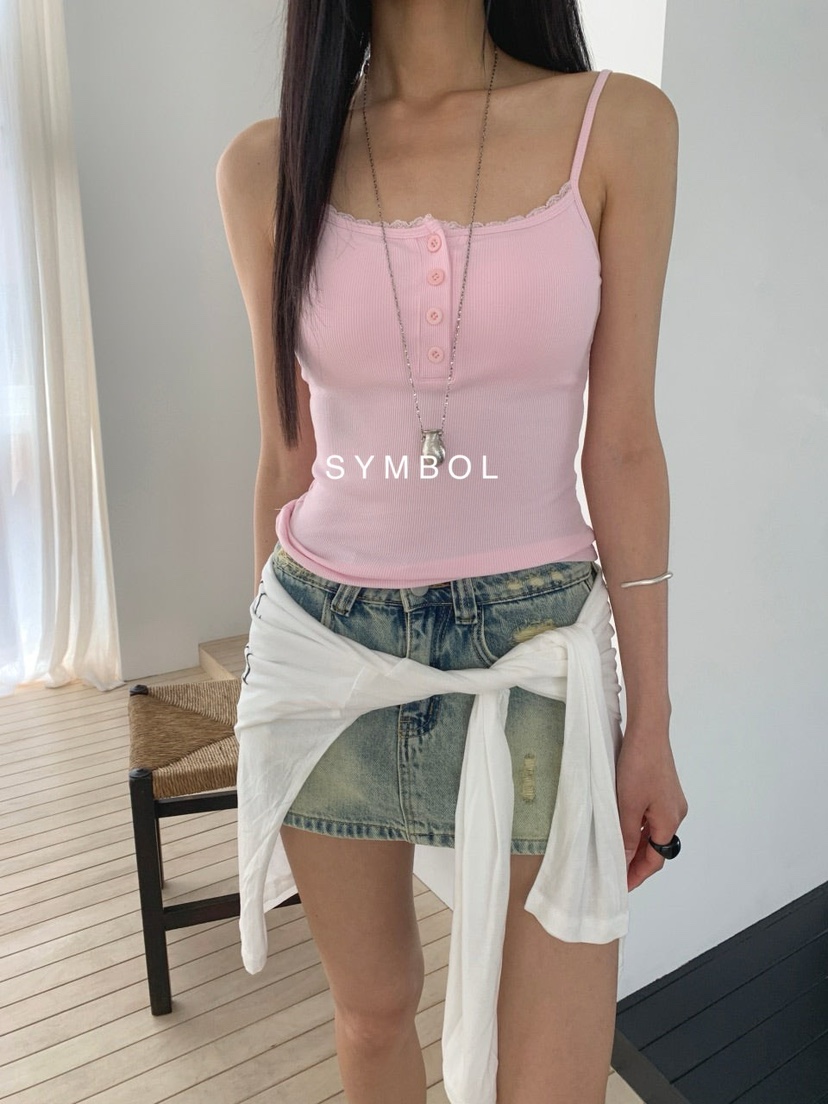 SYMBOL韓國東大門代購女裝新品時尚26夏季吊帶背心蕾絲紐扣SYMBOL吊帶/背心