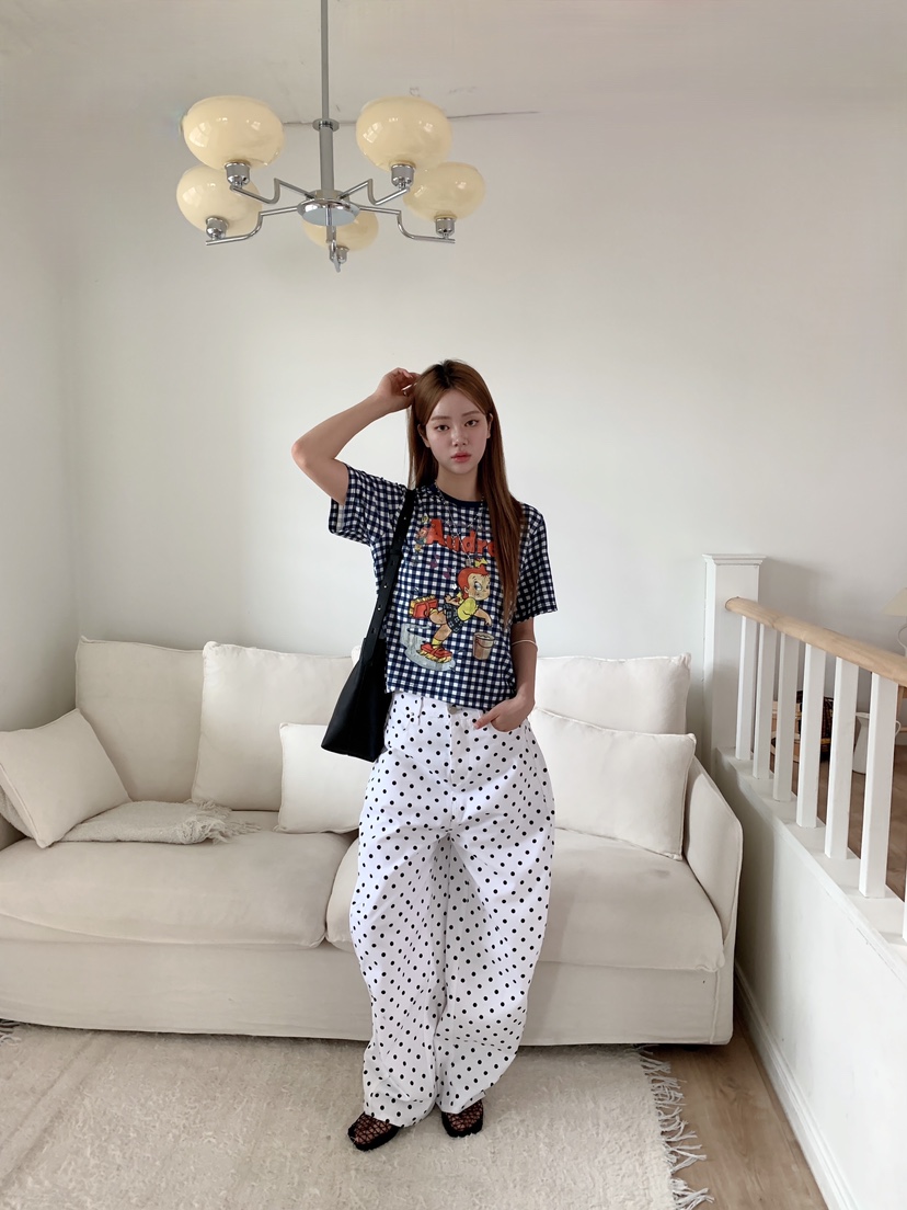 MAISONDEGLORY韓國代購女士新品熱賣時尚休閑T恤格子撞色MAISON DE GLORYT恤