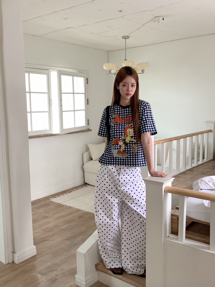 MAISONDEGLORY韓國代購女士新品熱賣時尚休閑T恤格子撞色MAISON DE GLORYT恤