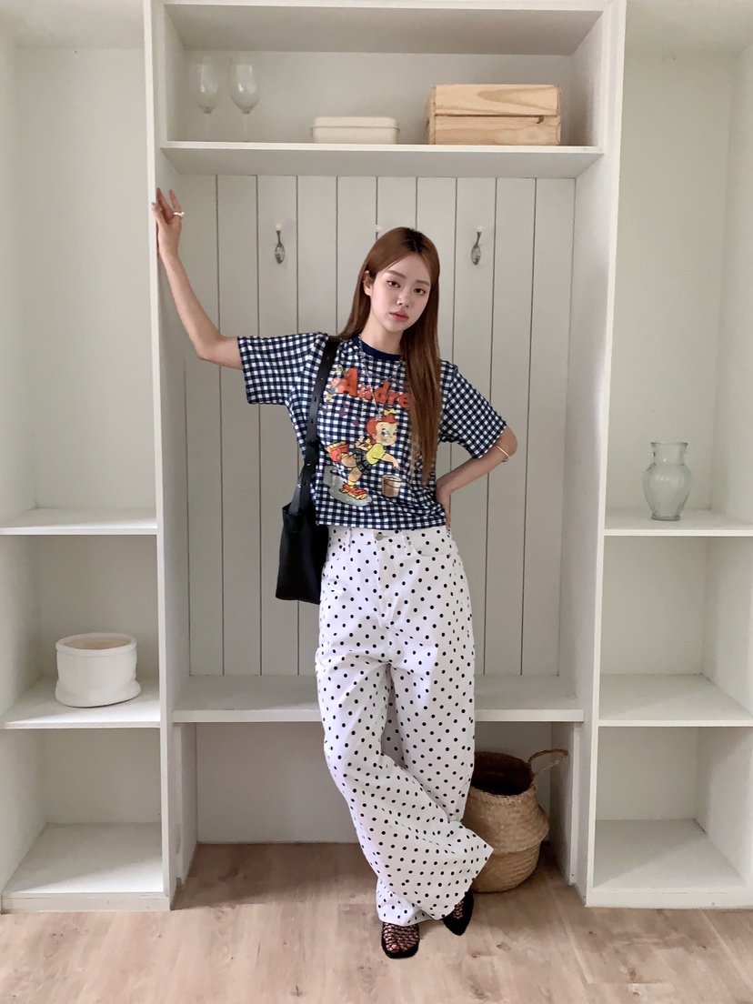 MAISONDEGLORY韓國代購女士新品熱賣時尚休閑T恤格子撞色MAISON DE GLORYT恤