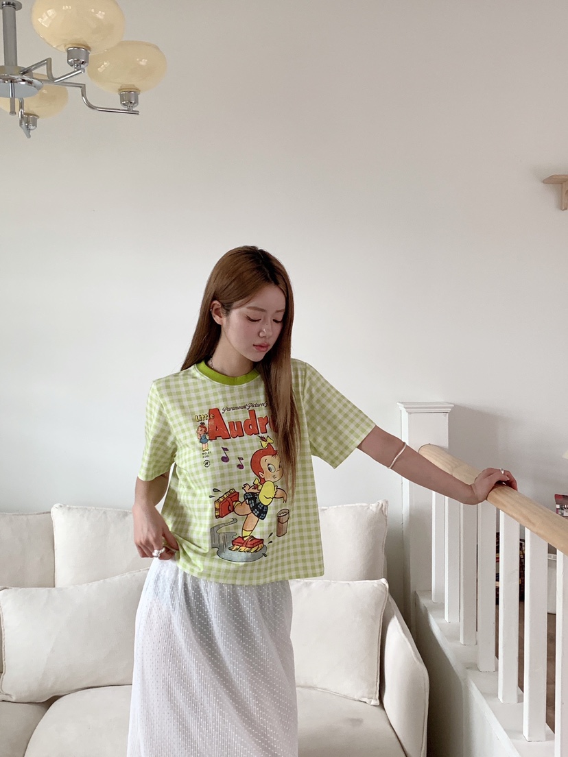 MAISONDEGLORY韓國代購女士新品熱賣時尚休閑T恤格子撞色MAISON DE GLORYT恤