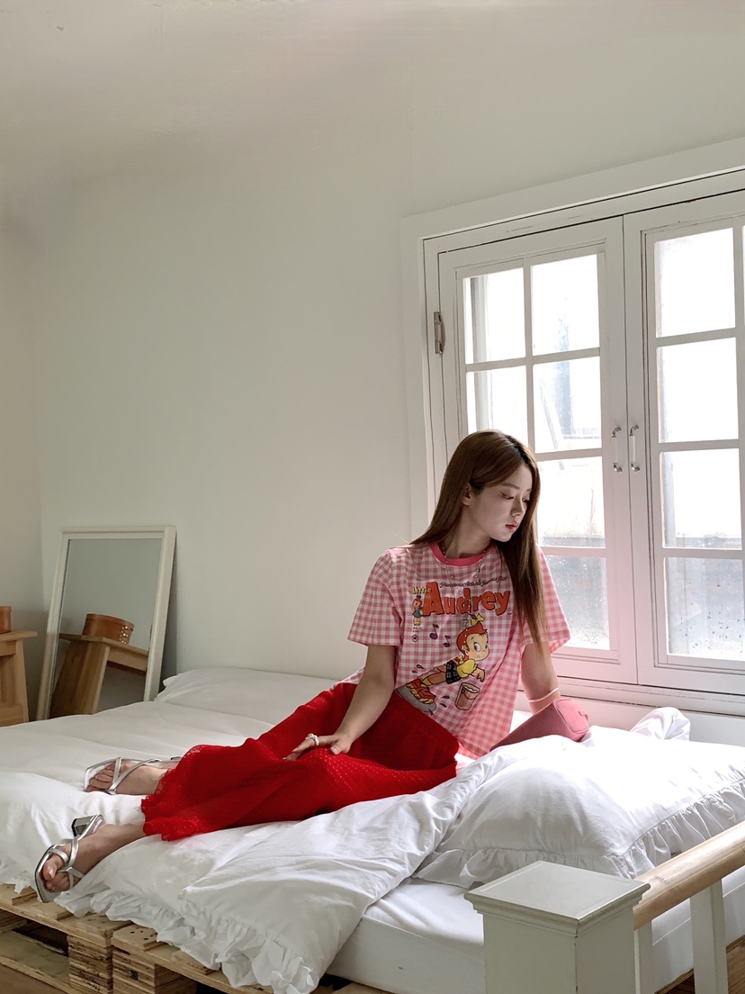 MAISONDEGLORY韓國代購女士新品熱賣時尚休閑T恤格子撞色MAISON DE GLORYT恤