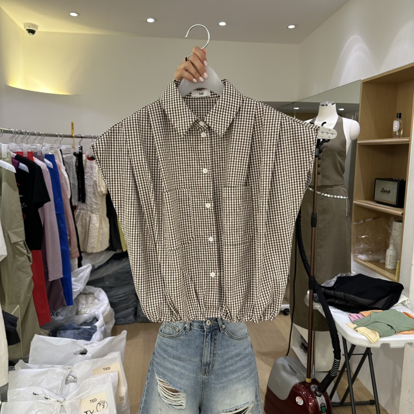 TED韓國東大門代購女士新品休閑推薦熱賣26夏季襯衫蕾絲衫格子TED襯衫/蕾絲衫圖色1