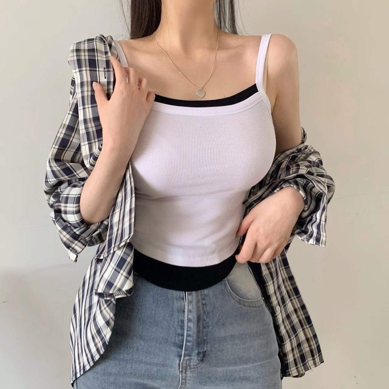 PUDDING韓國東大門代購女裝新款休閑熱賣吊帶背心撞色無袖PUDDING吊帶/背心