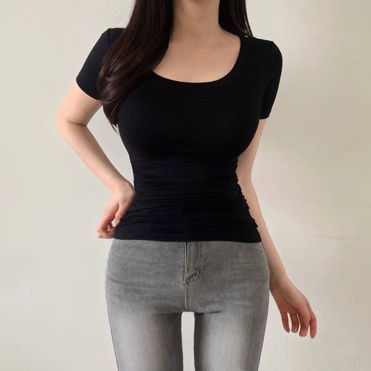 PUDDING韓國直郵女裝新品時尚熱賣26夏季推薦休閑人氣T恤U領PUDDINGT恤圖色1