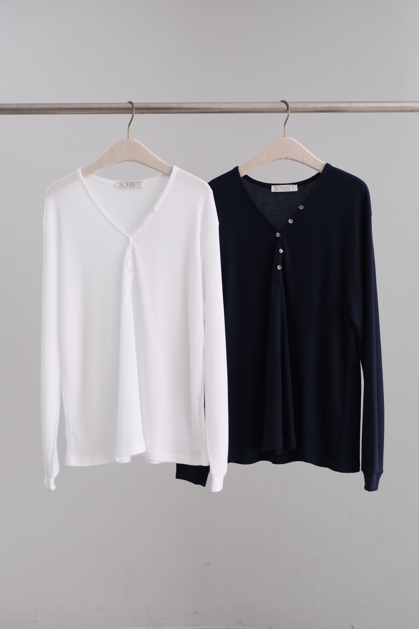 SORBET/FLAT WHITE韓國代購女裝新品26夏季長袖T恤華夫格格紋SORBET/FLAT WHITE長袖T恤