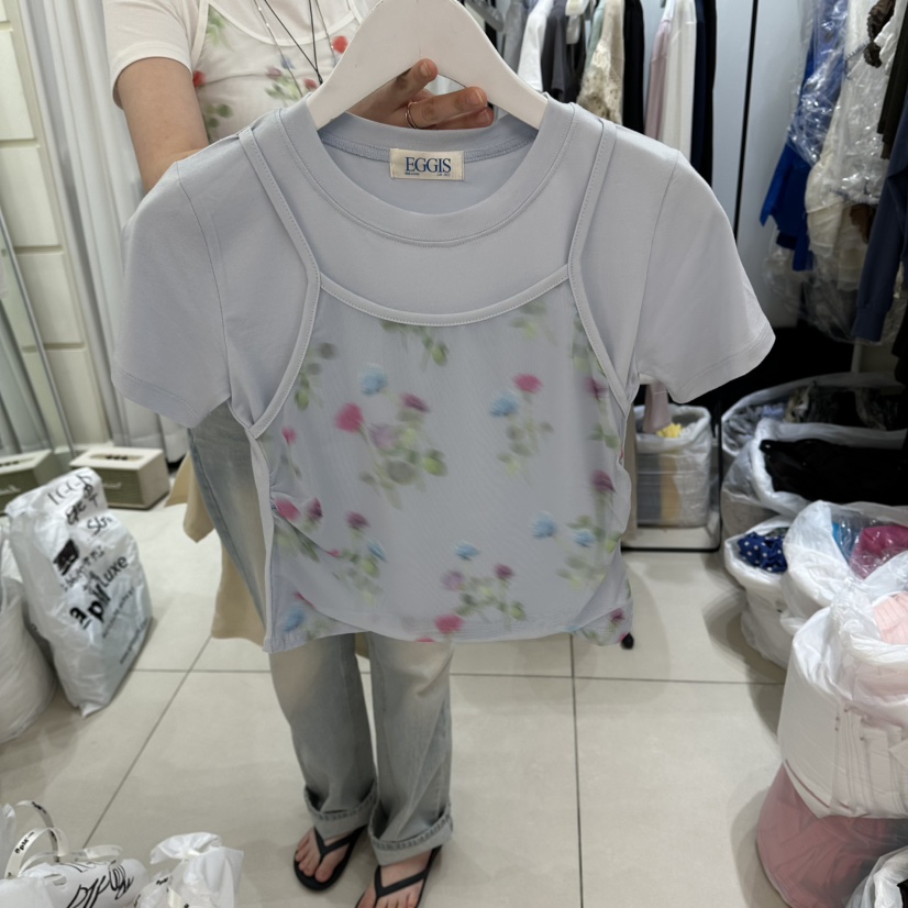 EGG IS韓國東大門代購女裝新品人氣T恤不含項鏈假兩件網狀EGG IST恤圖色4