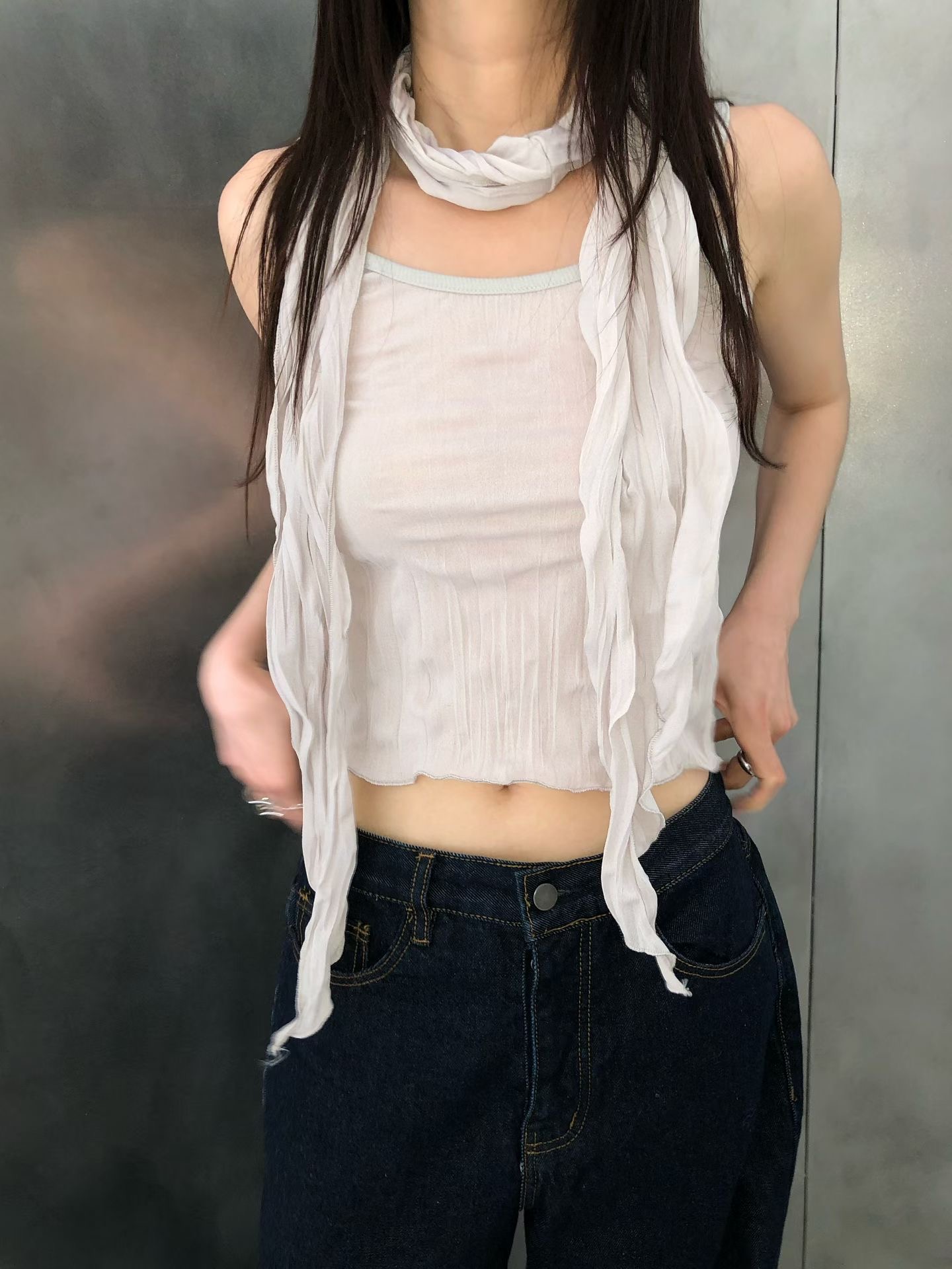 FAVOURED韓國直郵女裝新品26夏季吊帶背心含脖帶褶皺圍巾無袖FAVOURED吊帶/背心
