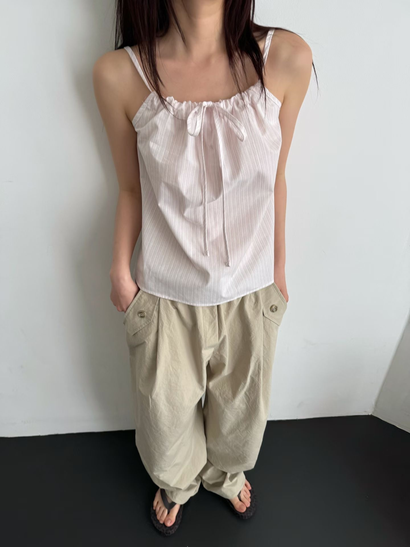 FAVOURED韓國代購女士新款熱賣人氣時尚吊帶背心褶皺條紋FAVOURED吊帶/背心