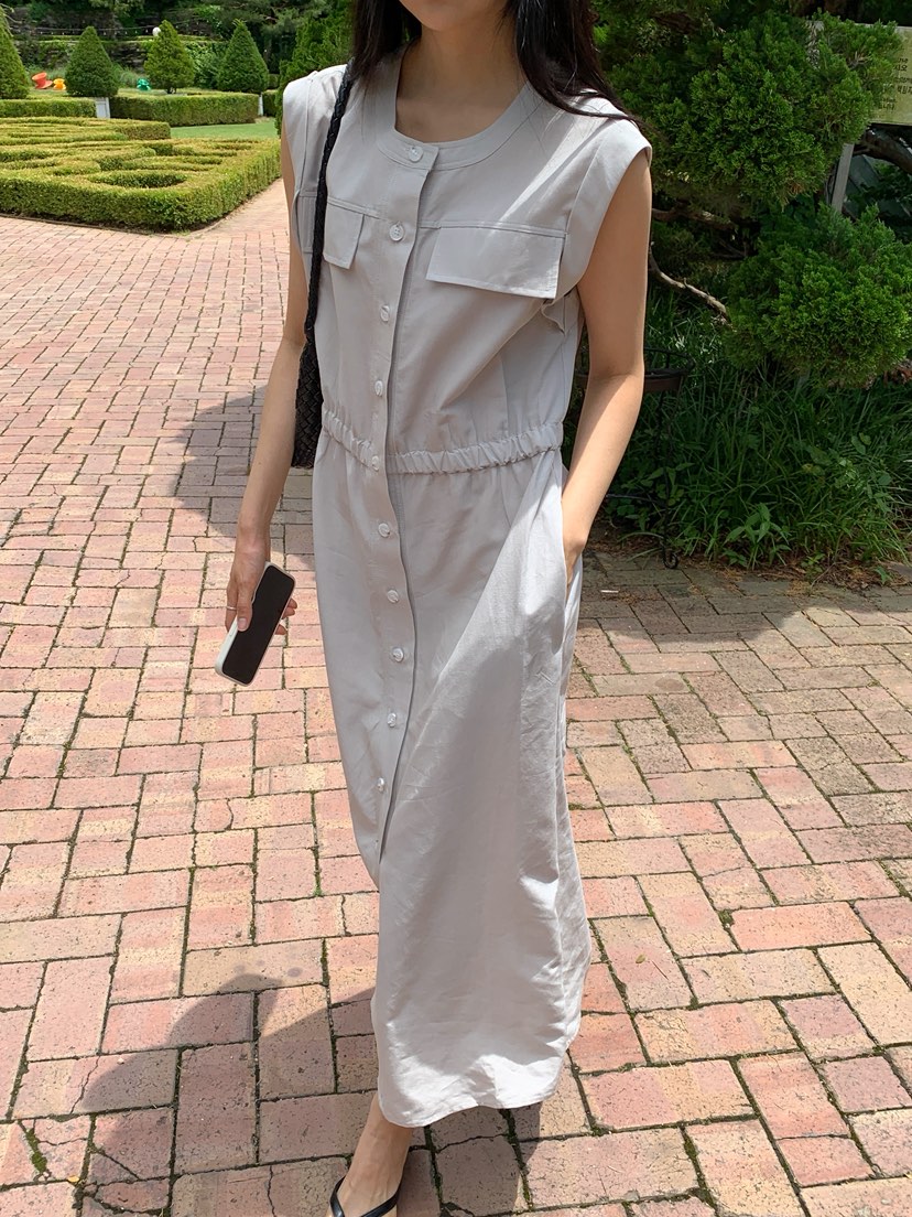 LONG PEAK韓國代購女裝新款休閑26夏季連衣裙OPS亞麻布口袋LONG PEAK連衣裙