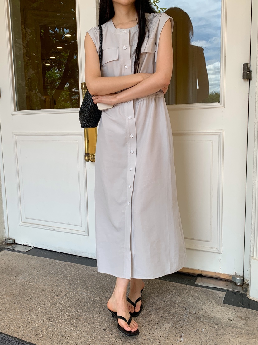 LONG PEAK韓國代購女裝新款休閑26夏季連衣裙OPS亞麻布口袋LONG PEAK連衣裙