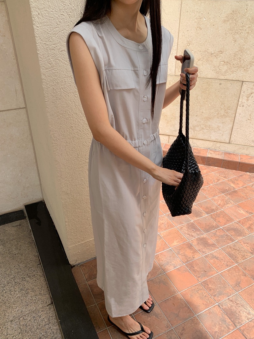 LONG PEAK韓國代購女裝新款休閑26夏季連衣裙OPS亞麻布口袋LONG PEAK連衣裙