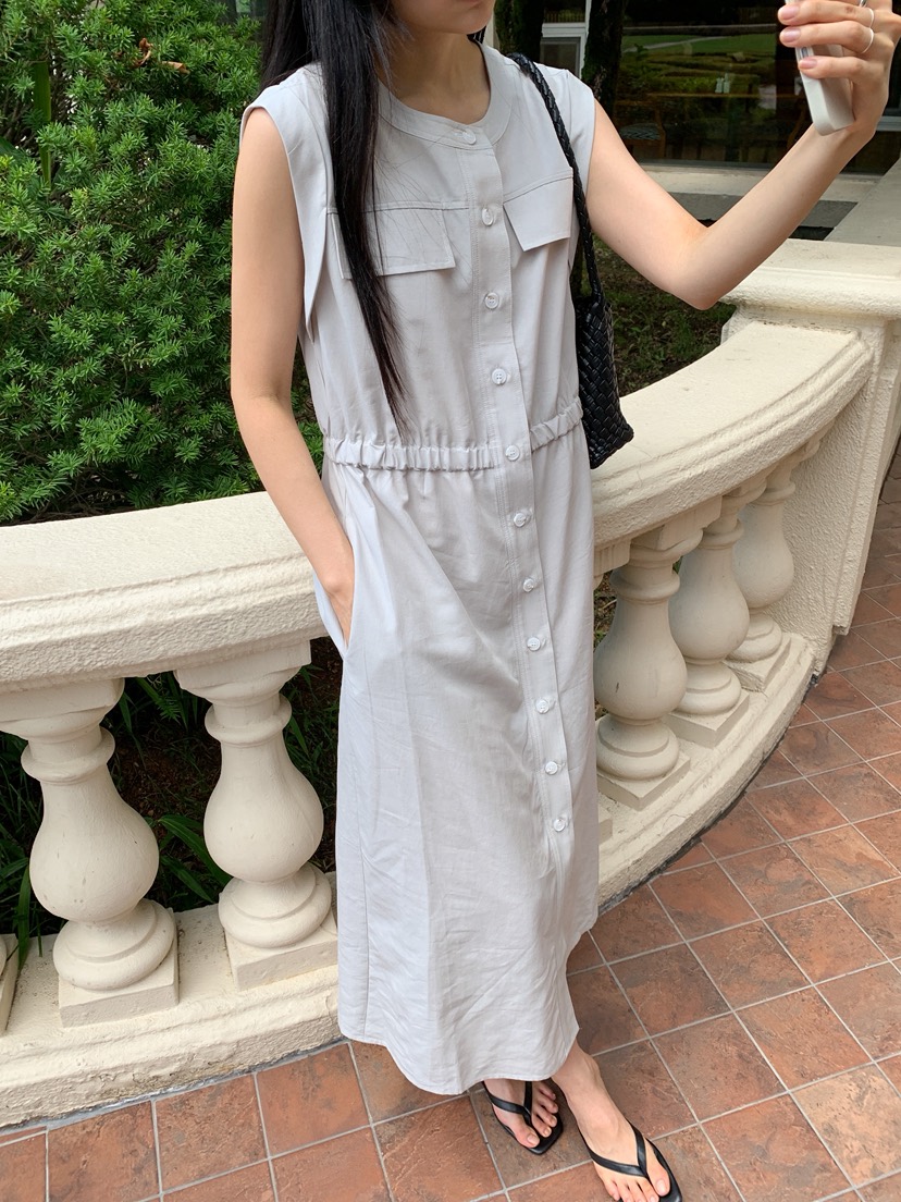 LONG PEAK韓國代購女裝新款休閑26夏季連衣裙OPS亞麻布口袋LONG PEAK連衣裙