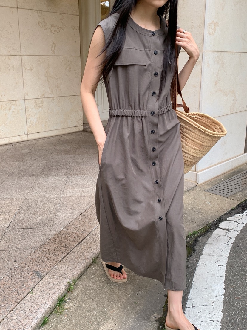 LONG PEAK韓國代購女裝新款休閑26夏季連衣裙OPS亞麻布口袋LONG PEAK連衣裙