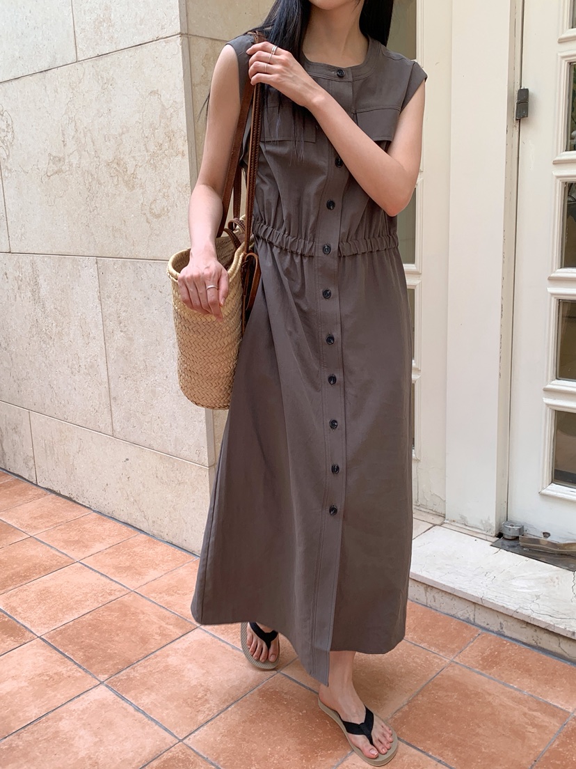 LONG PEAK韓國代購女裝新款休閑26夏季連衣裙OPS亞麻布口袋LONG PEAK連衣裙