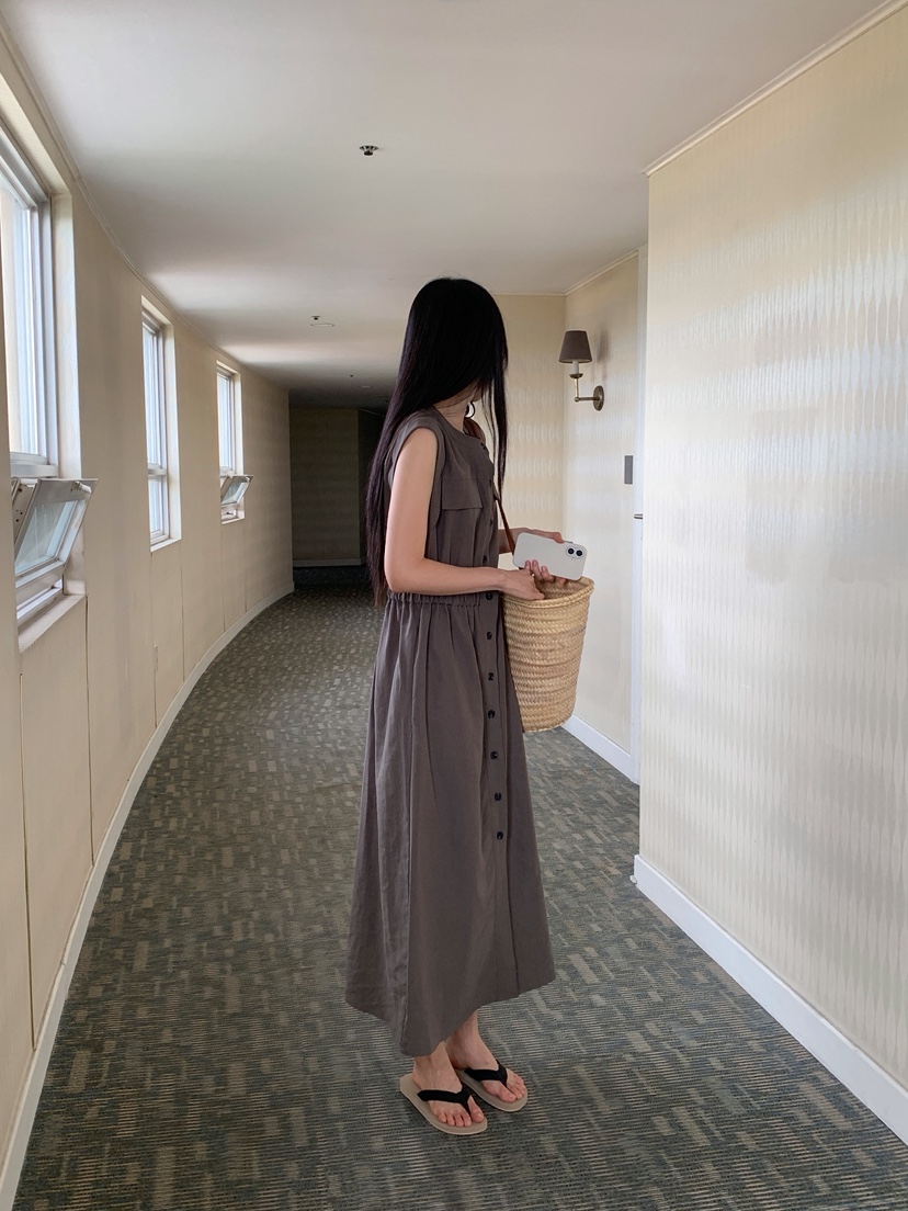LONG PEAK韓國代購女裝新款休閑26夏季連衣裙OPS亞麻布口袋LONG PEAK連衣裙
