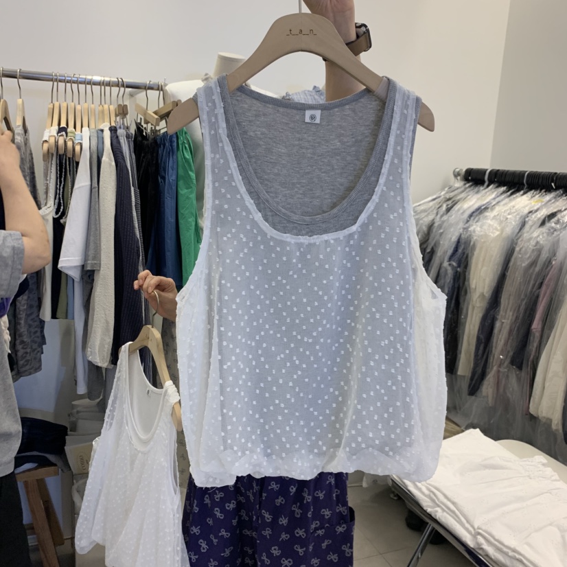 TAN&amp;COMO韓國直郵女士新款26夏季吊帶背心假兩件層疊無袖燈籠tan-COMO吊帶/背心圖色1