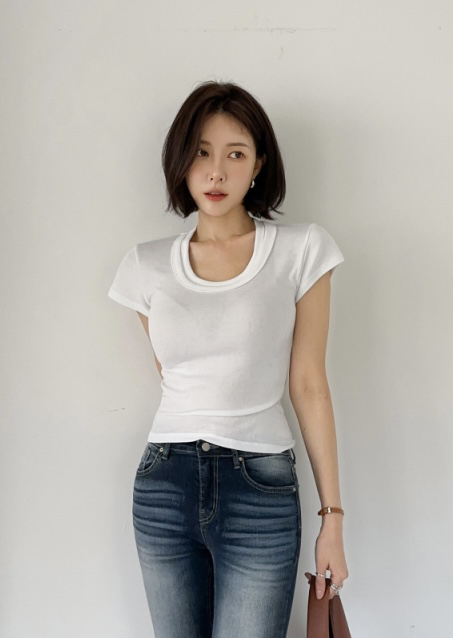 EIGHTGLOW韓國直郵實拍女士新款人氣26夏季時尚休閑T恤雙領EIGHTGLOWT恤