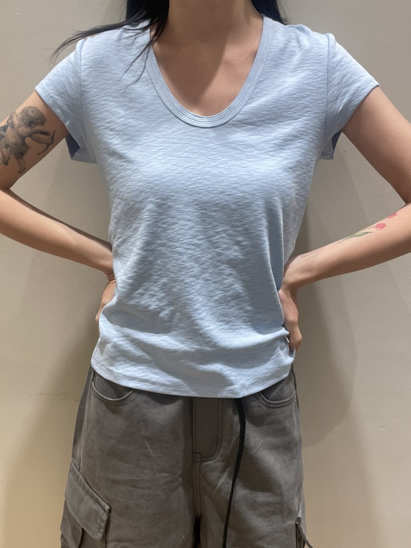 NEOUL東大門實拍韓國女士新品推薦休閑熱賣26夏季時尚T恤NEOUL/ahin雙領標簽T恤