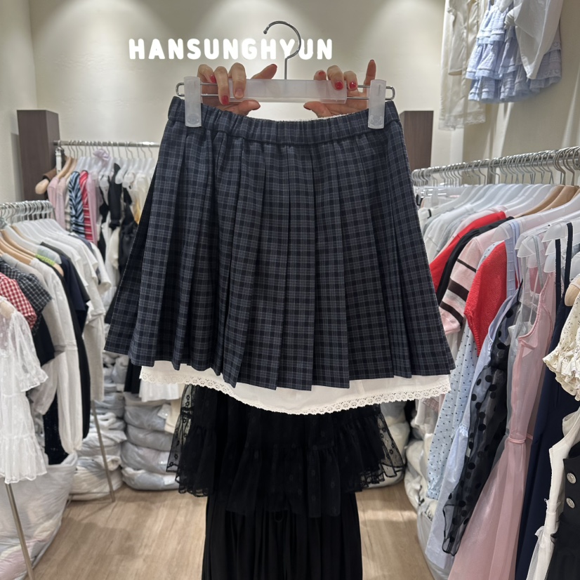 HANSUNGHYUN韓國東大門代購女裝新款人氣短裙百褶格子褶裙HANSUNGHYUN短裙